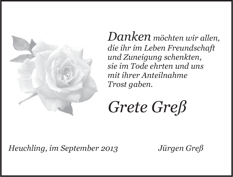  Traueranzeige für Grete Greß vom 07.09.2013 aus Pegnitz-Zeitung